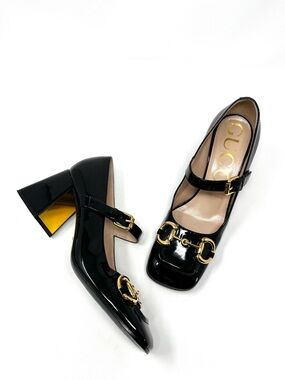 Gucci Baby Bit Horsebit Mary Jane High Heels Pumps Black Patent Gold 38.5 8.5